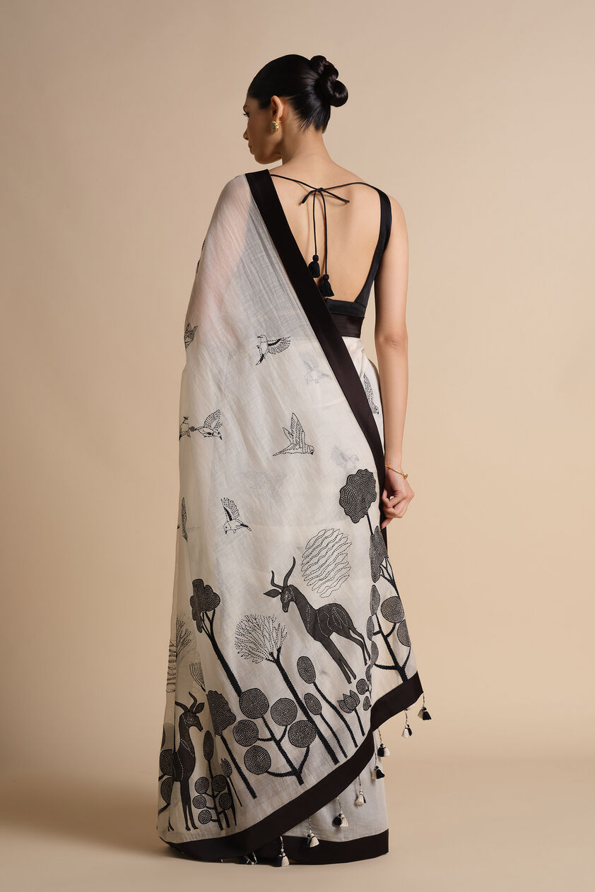 Usoa Hand-embroidered Kantha Mul Saree - Ivory, Ivory, image 2